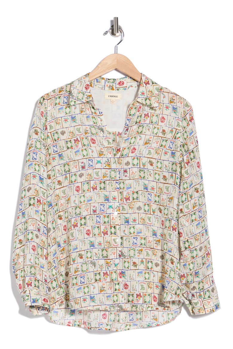Nina Mahjong Print Silk Shirt, Main, color, VINTAGE WHITE MULTI MAHJONG