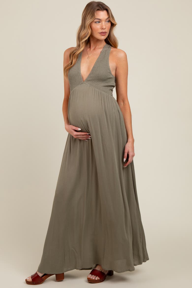 Deep V-Neck Cross Back Maxi Dress, Alternate, color, Olive Green