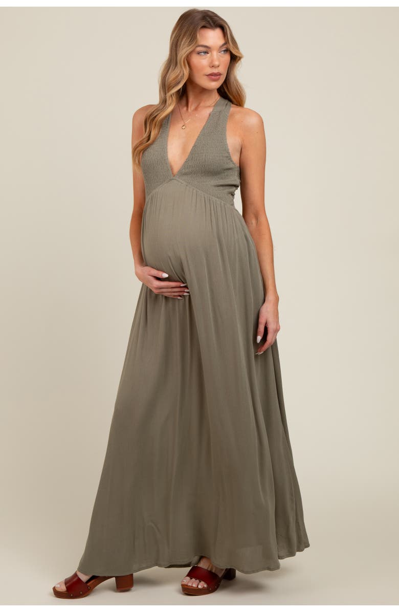 PinkBlush Deep V-Neck Cross Back Maxi Dress, Alternate, color, Olive Green