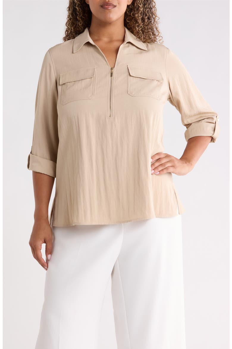 Half Zip Roll Tab Sleeve Top, Main, color, SAFARI