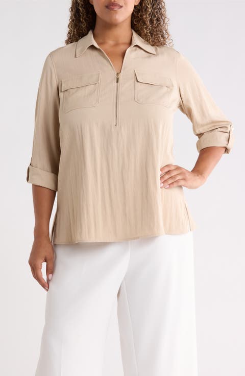 Half Zip Roll Tab Sleeve Top