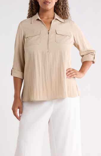 Half Zip Roll Tab Sleeve Top