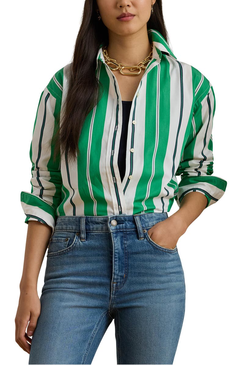 Lauren Ralph Lauren Stripe Cotton Button-Up Shirt, Main, color, Green/ Blue/ White