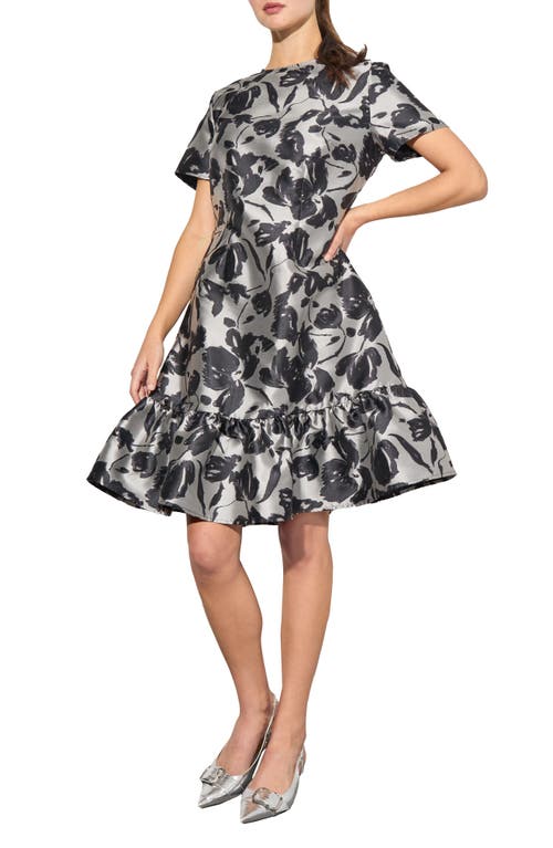 Ming Wang Floral Jacquard Fit & Flare Dress in Silver/Black 