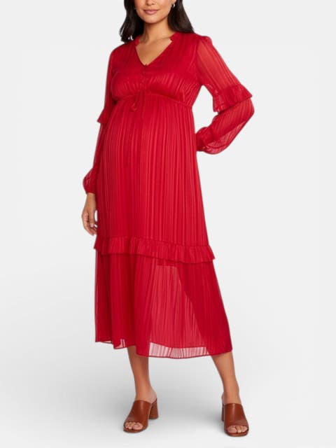 V-Neck Long Sleeve Tiered Maxi Dress
