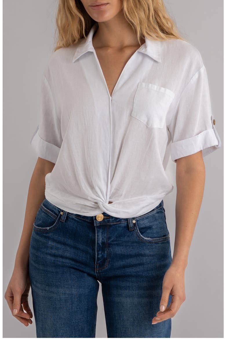 Rebel Knot Front Linen Blend Top, Main, color, WHITE