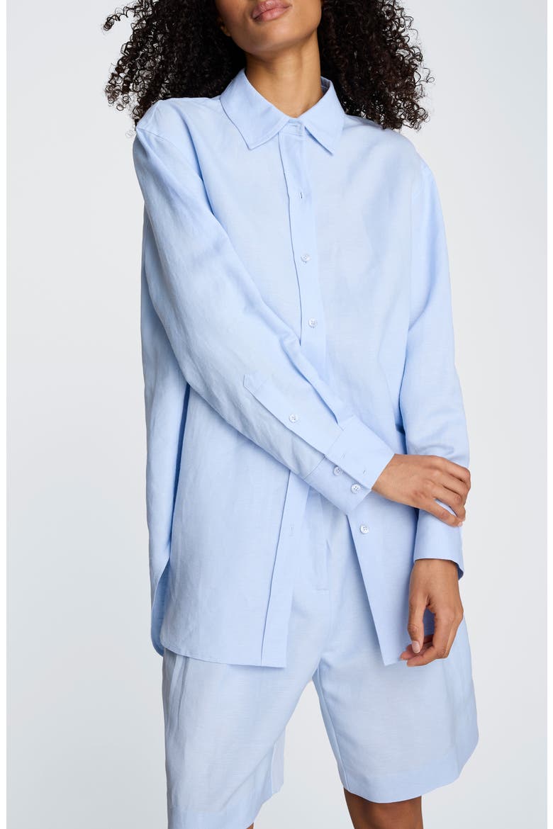 Long Linen Blend Button-Up Shirt, Main, color, BLUE DAWN