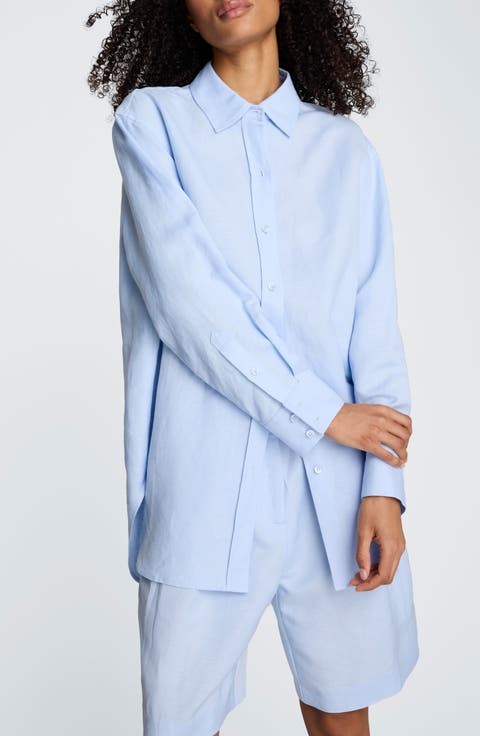 Long Linen Blend Button-Up Shirt
