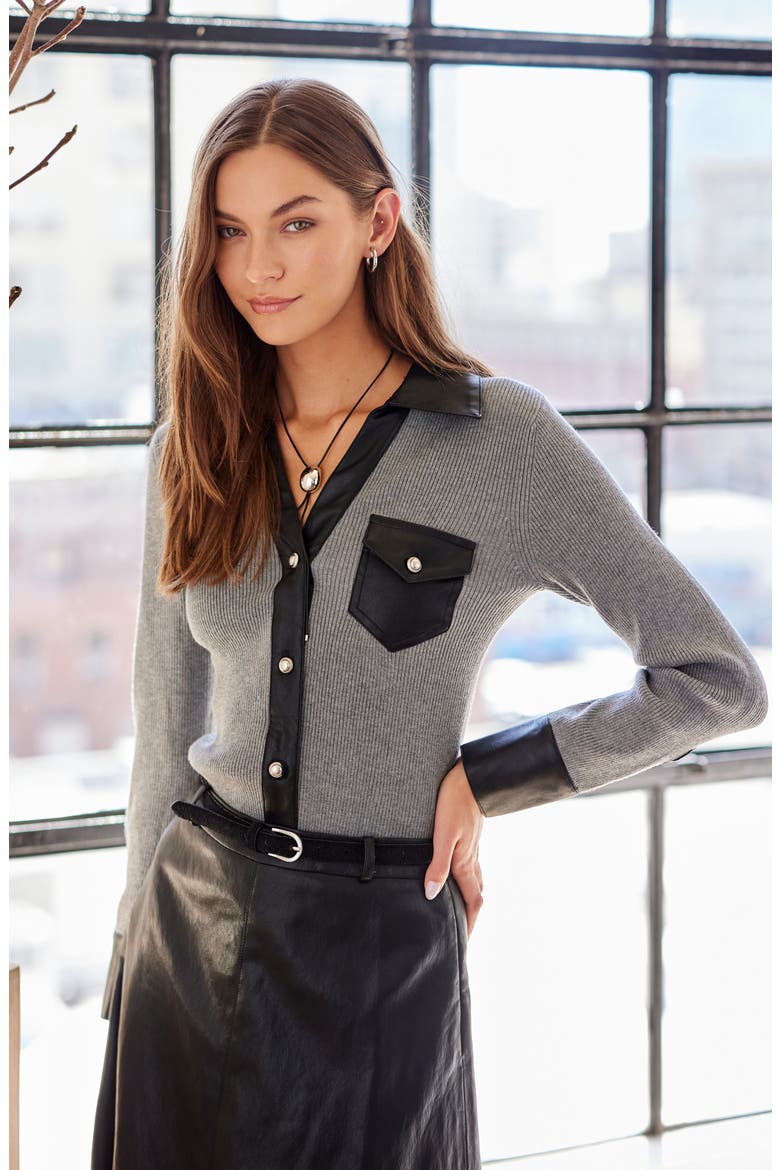 Isabella Faux Leather Trim Ribbed Top, Alternate, color, GRAY