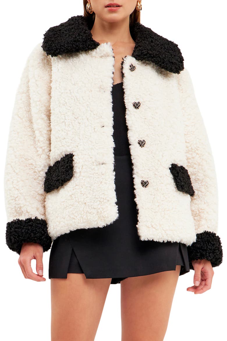 Colorblock Faux Shearling A-Line Jacket, Alternate, color, WHITE/ BLACK