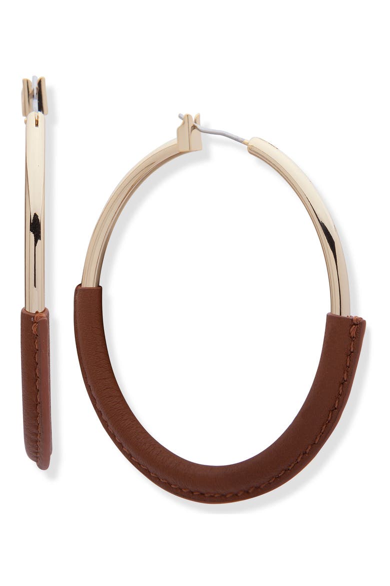 Leather Wrap Hoop Earrings, Main, color, BROWN