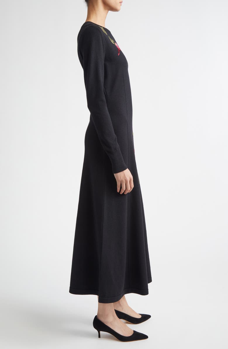 Carolina Herrera Chrysanthemum Embroidered Long Sleeve Jersey Midi Dress, Alternate, color, Black Multi