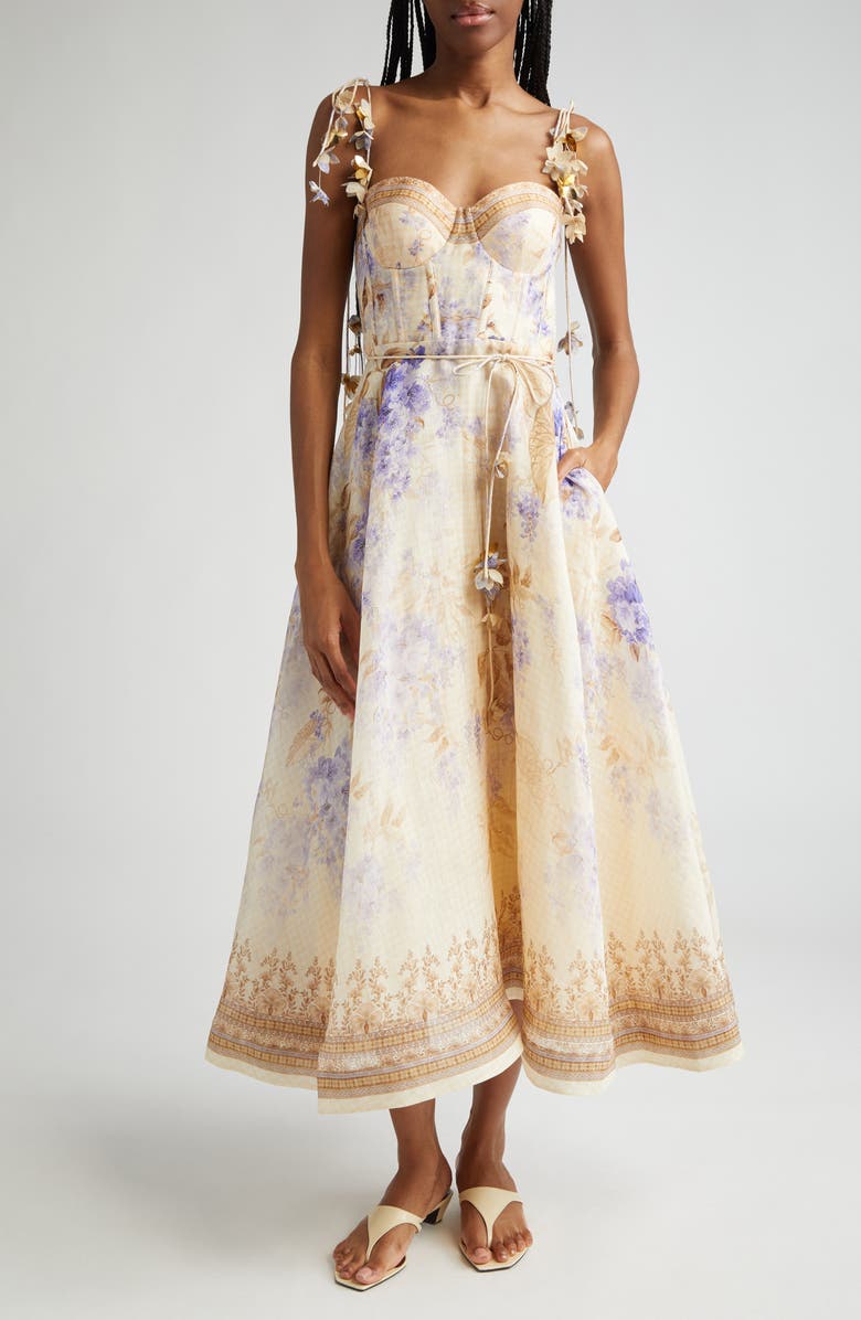 Zimmermann Floral Appliqué Fit & Flare Midi Dress, Main, color, 