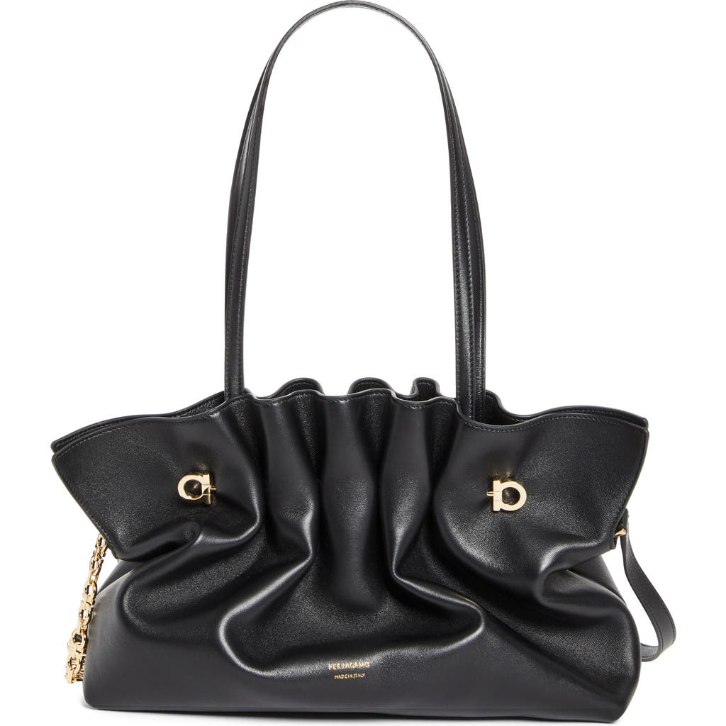 Shop Ferragamo Medium Gancio Piercing Soft Leather Shoulder Bag In Nero