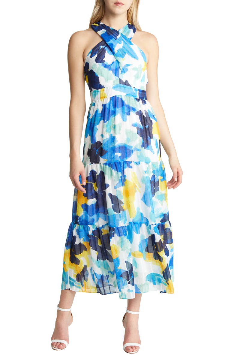 Maggy London Abstract Floral Halter Neck Maxi Dress, Main, color, 