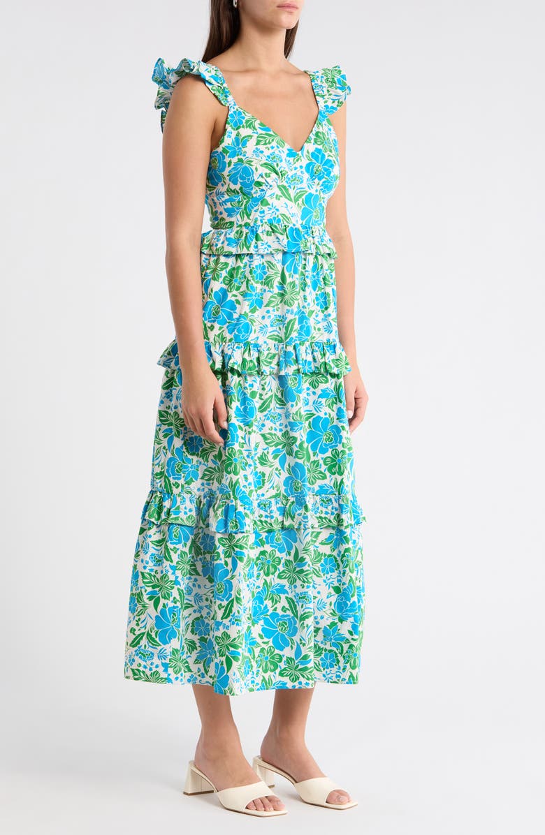 SUGARLIPS Bivore Floral Print Ruffle Maxi Dress, Alternate, color, Blue-Green-White