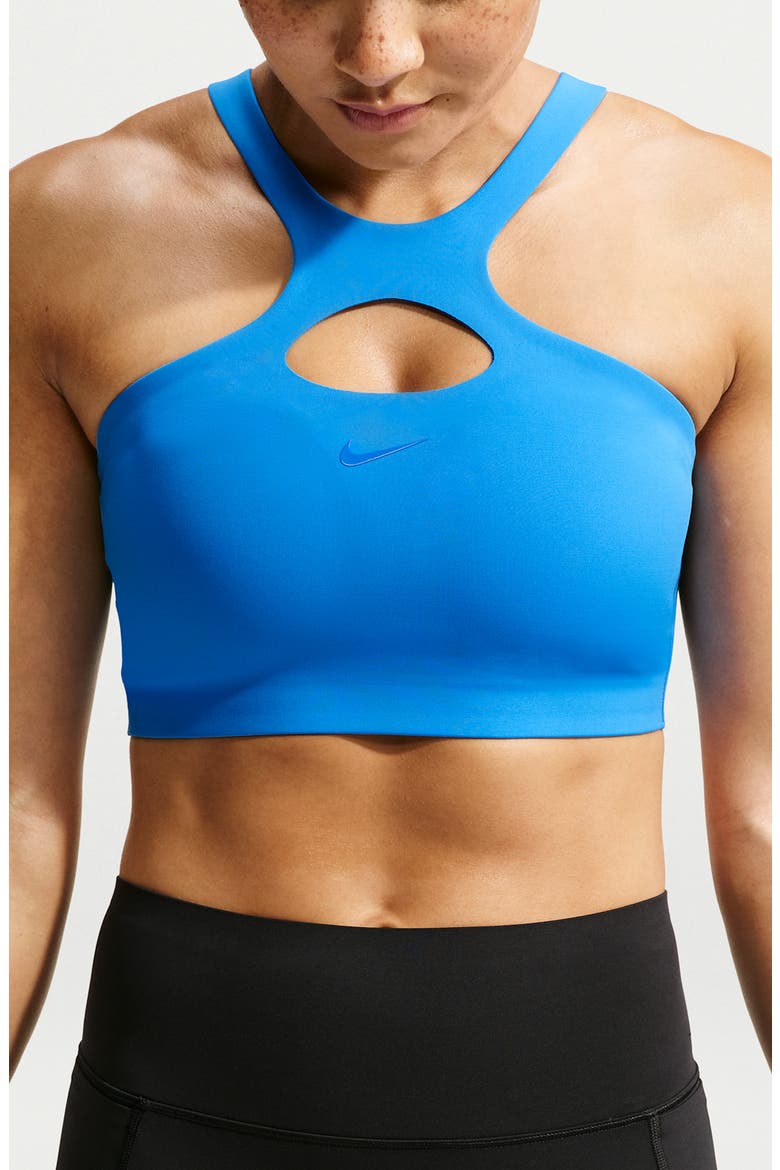 Universa Cutout Sports Bra, Main, color, LIGHT PHOTO BLUE/ BLUE SPARK