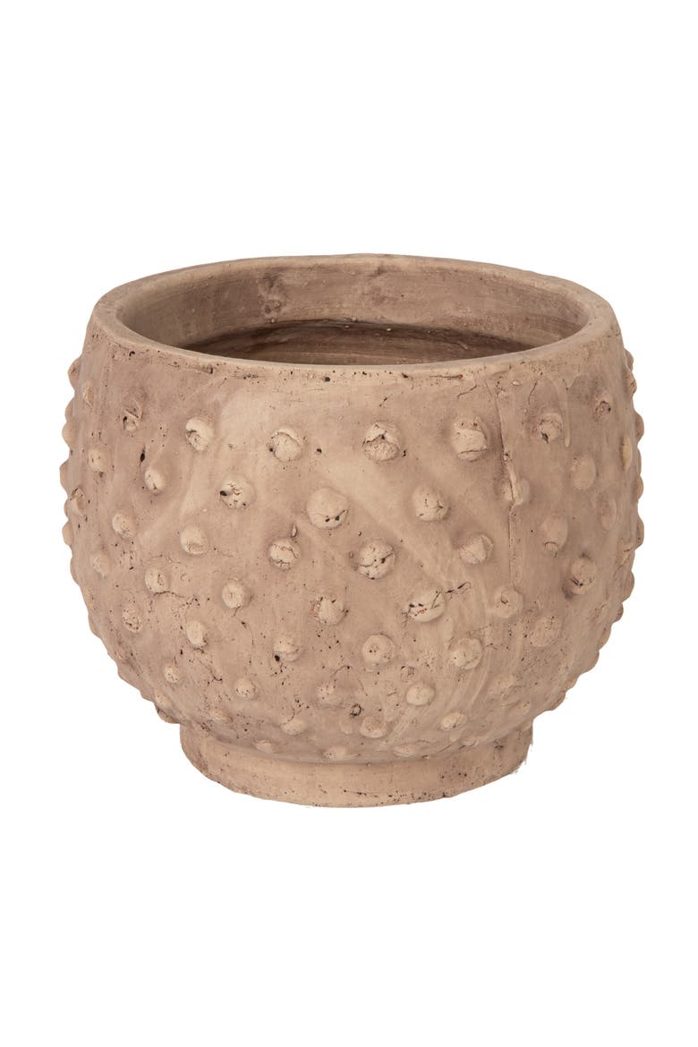 Round Sandstone Hobnail Planter with Distressed Finish, Greige, Main, color, Grey