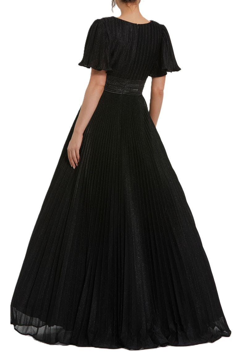 Pleated Shimmering Georgette Flutter Sleeve Gown, Alternate, color, Black