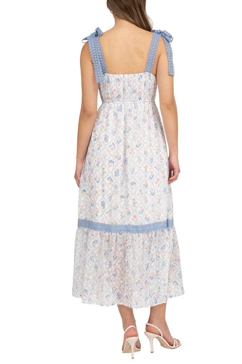 Floral Lace Tie Strap Empire Waist Midi Dress, Alternate, color, BLUE MULTI