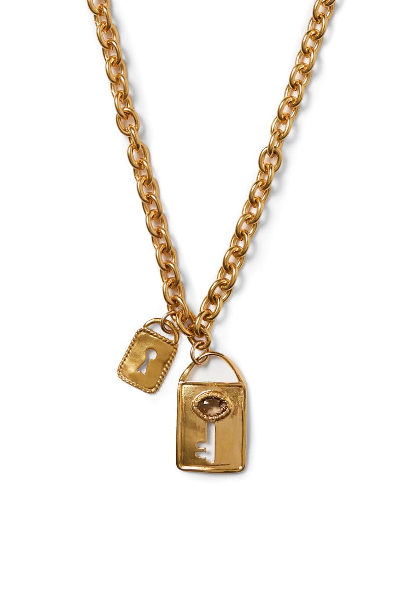 Double Lock Charm Necklace, Alternate, color, GOLD