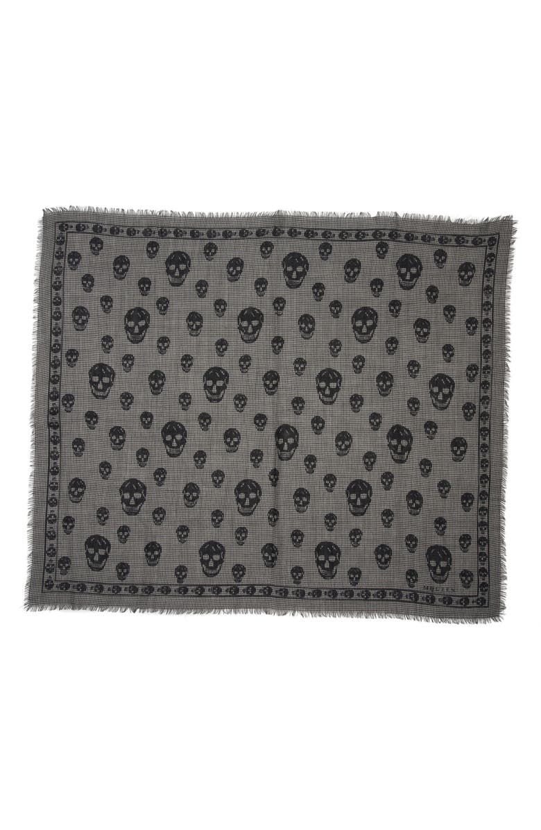 McQueen Skull Houndstooth Wool & Silk Fringe Scarf, Alternate, color, Black/ Ivory