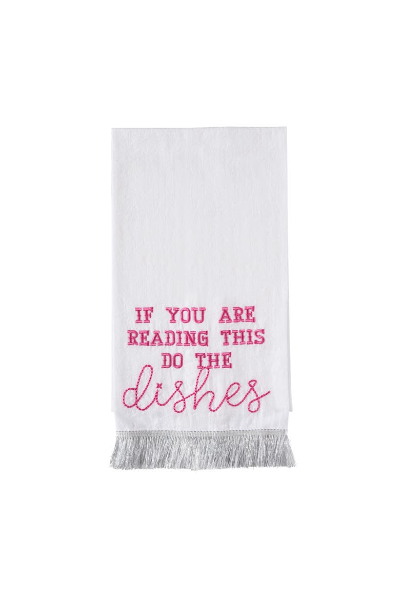 Do The Dishes Silver Fringe Tea Towel Cotton White, Main, color, White
