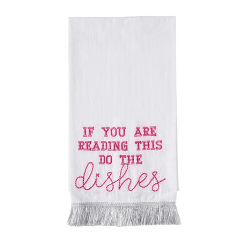 Do The Dishes Silver Fringe Tea Towel Cotton White