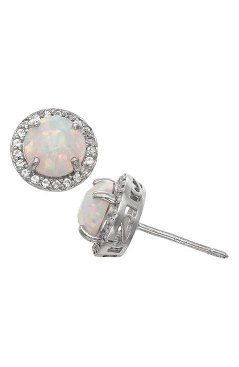 Sterling Silver Opal & Lab Created White Sapphire Stud Earrings