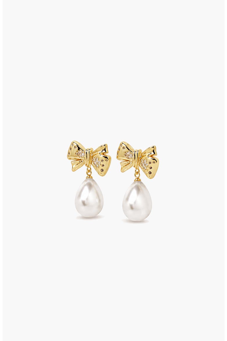 Bow Pearl Earrings Drop Earrings In Gold, Crystals & Pearls, Alternate, color, Gold