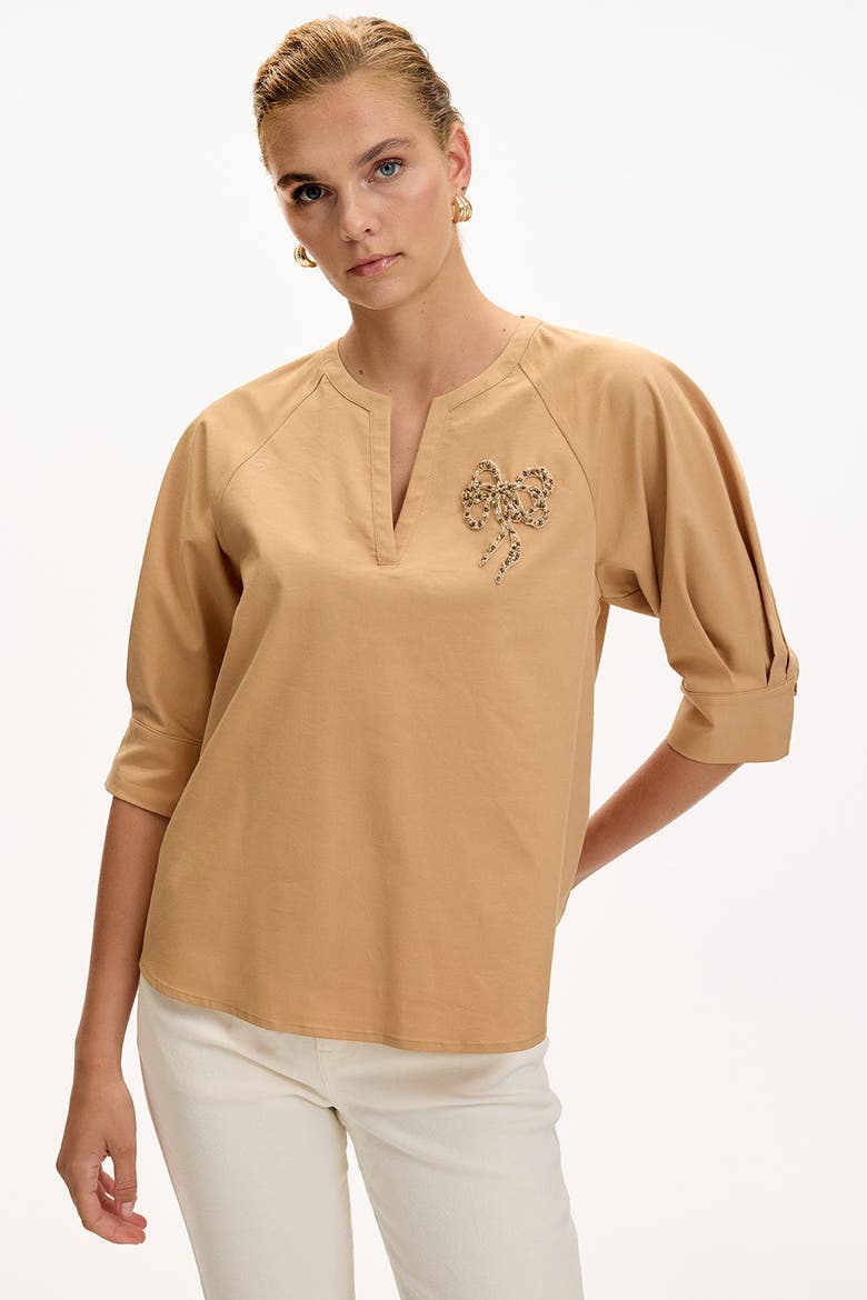 Katharine V Neck Short Sleeve Blouse, Alternate, color, Camel