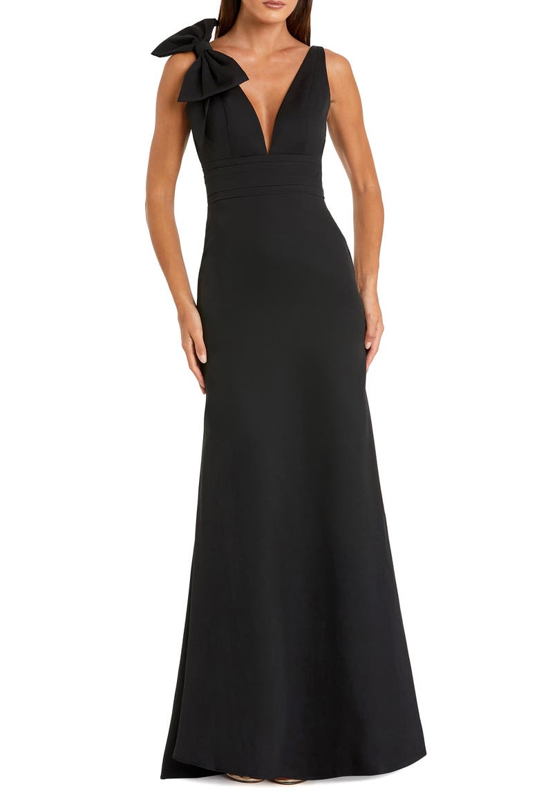 Petite Sleeveless V Neck Bow Detail Mermaid Gown, Main, color, Black