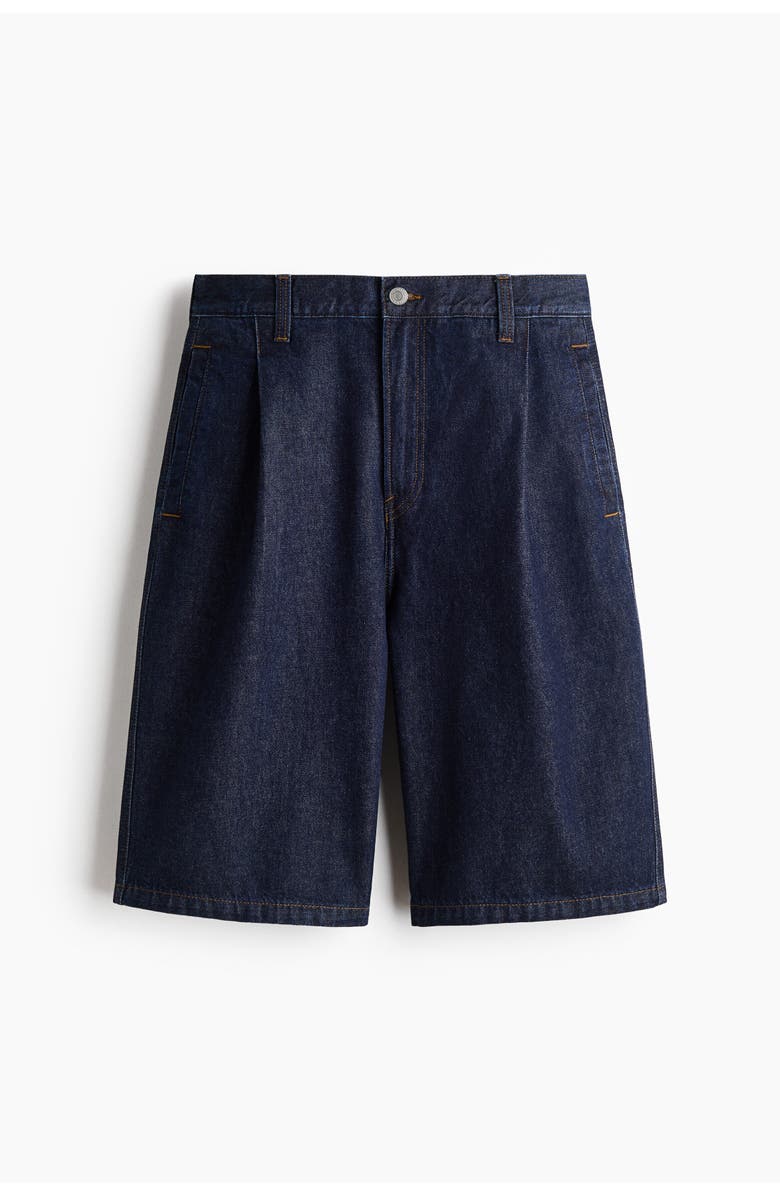 H&M Baggy Pleated Denim Shorts, Main, color, Dark Denim Blue