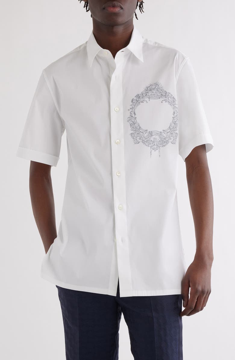 Givenchy Military Short Sleeve Cotton Blend Button-Up Shirt, Main, color, White