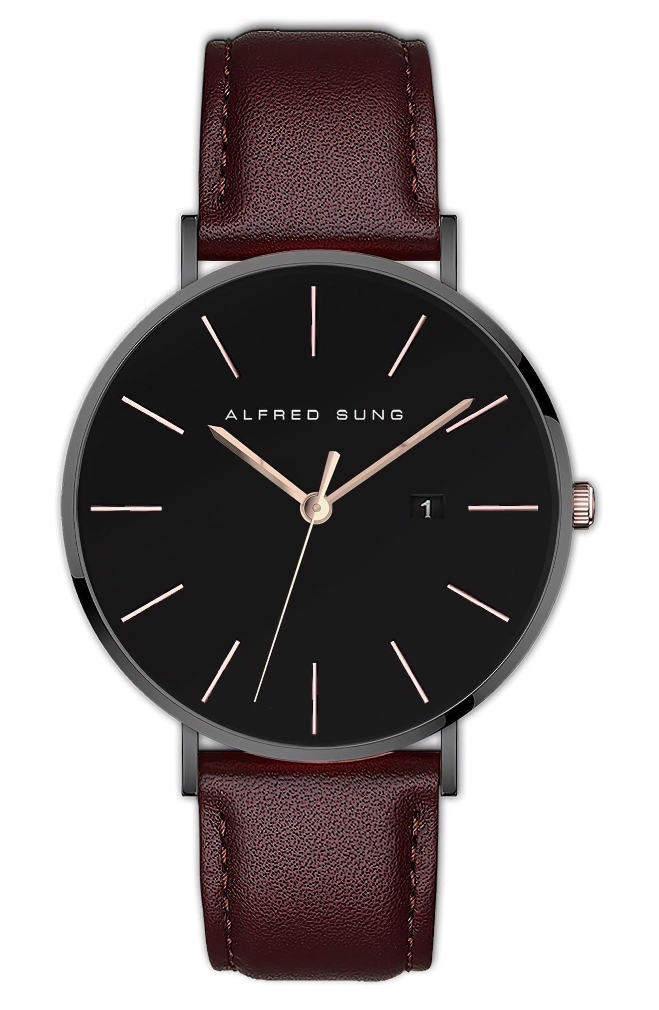 Alfred Sung Metropolitan Leather Strap Watch, 42mm