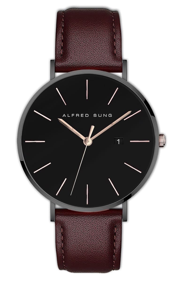 Alfred Sung Metropolitan Leather Strap Watch, 42mm, Main, color, Brown