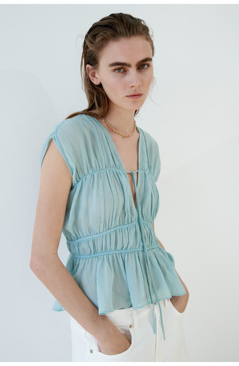 H&M Ruched Cotton Blouse, Alternate, color, Light Turquoise