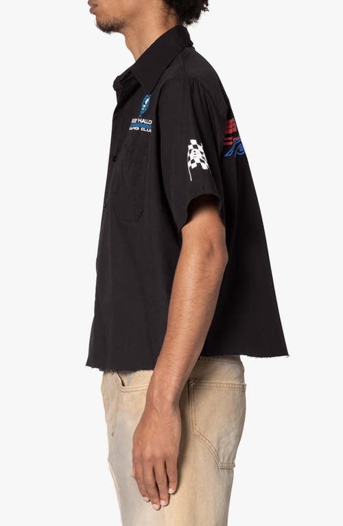 Mnml Shrc Pit Crew Fray Hem Crop Button-up Shirt In Black