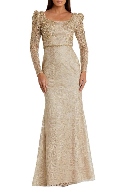 Embroidered Applique Shoulder Detail Trumpet Gown