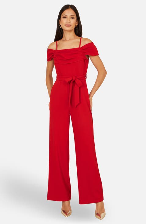Draped Bardot Wide-Leg Self-Tie Jumpsuit