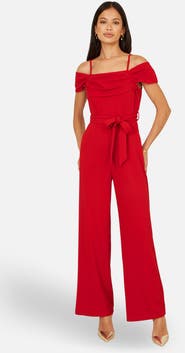 Yumi Draped Bardot Wide-Leg Self-Tie Jumpsuit