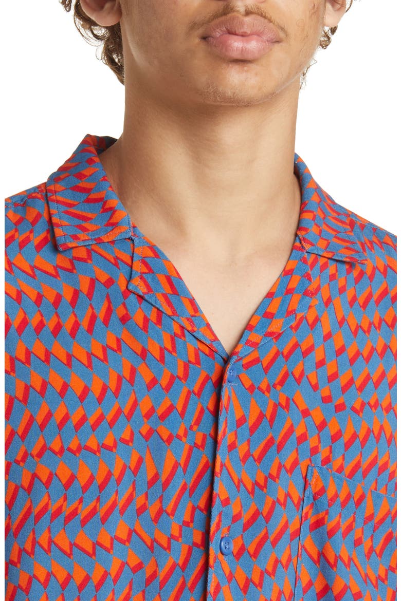 Print Short Sleeve Button-Up Camp Shirt, Alternate, color, ORANGE- BLUE DIAMOND CHECKER