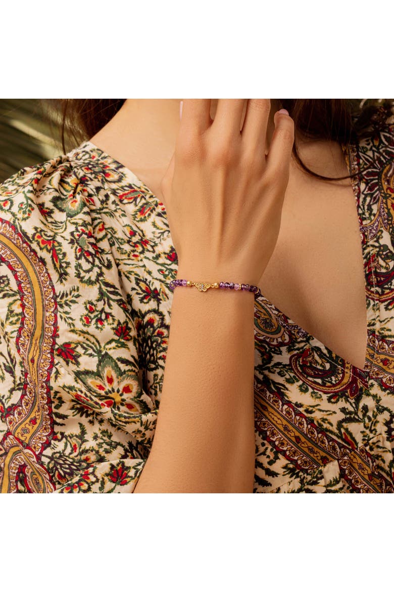 Amethyst Butterfly Charm Gold Plated Women's Beaded Bracelet - Spiritual Transformation, Alternate, color, Purple/gold