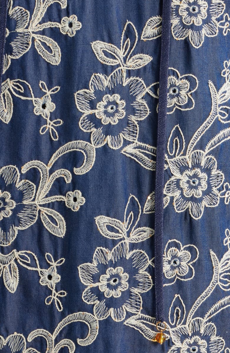 Eliza J Floral Embroidered Split Neck Shift Dress, Alternate, color, Denim