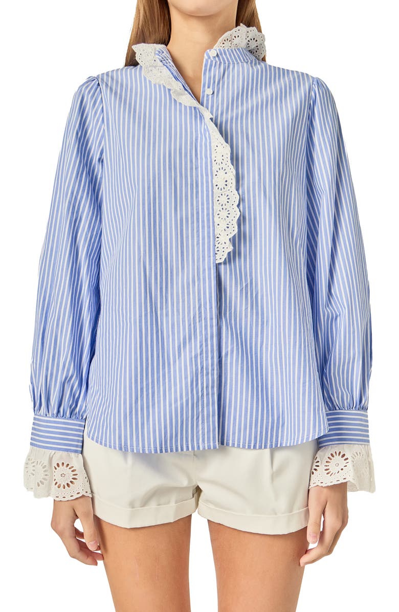 English Factory Stripe Scalloped Lace Trim Button-Up Shirt, Alternate, color, Blue/ White Stripe