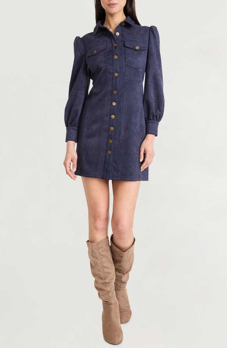 The Good Journey Long Sleeve Faux Suede Minidress, Main, color, Navy