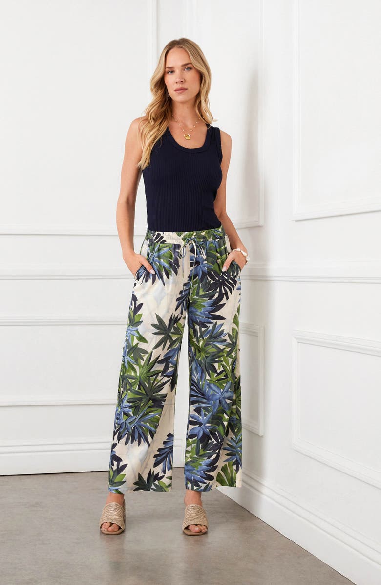 Karen Kane Frond Print Cotton Drawstring Wide Leg Pants, Alternate, color, Print