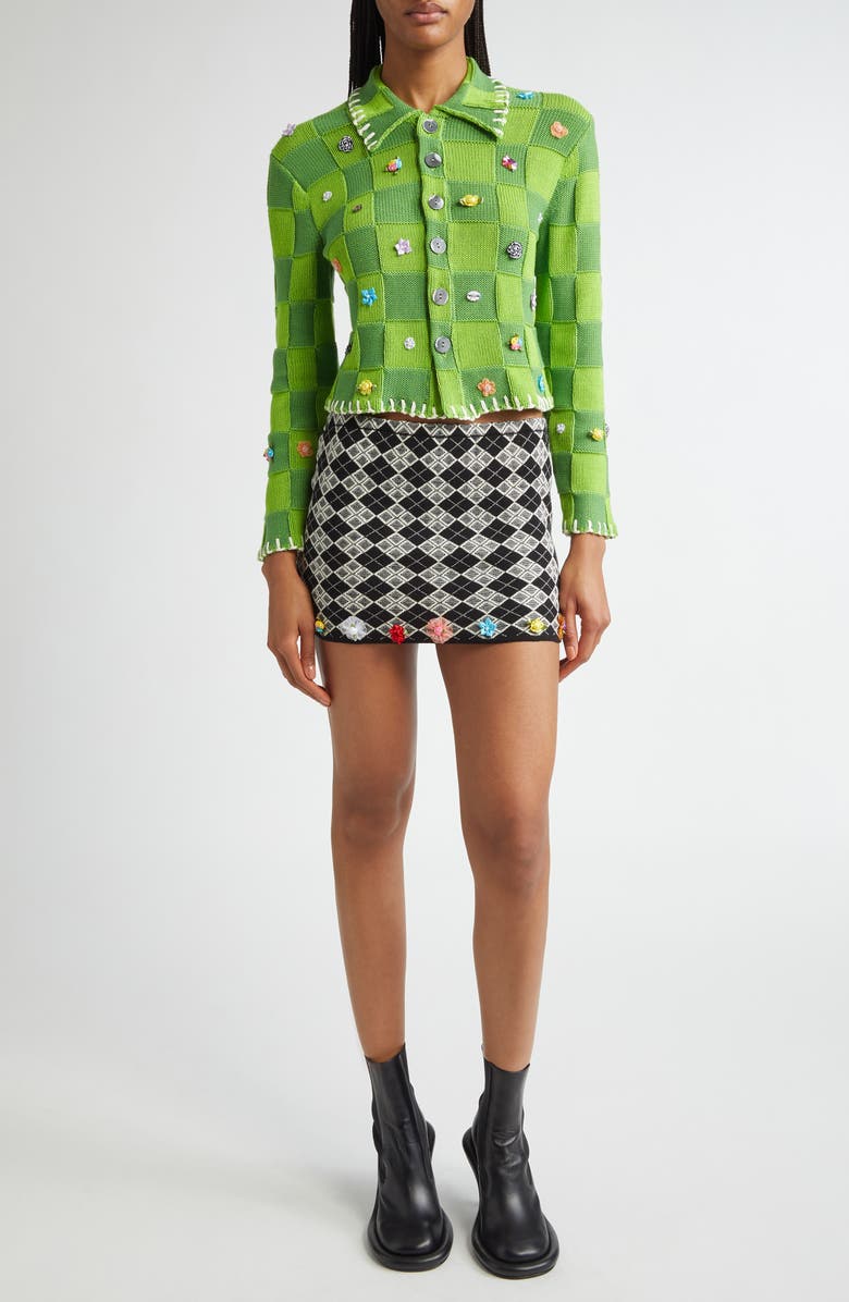 YanYan Floral Ribbon Checkerboard Shrunken Cardigan, Alternate, color,