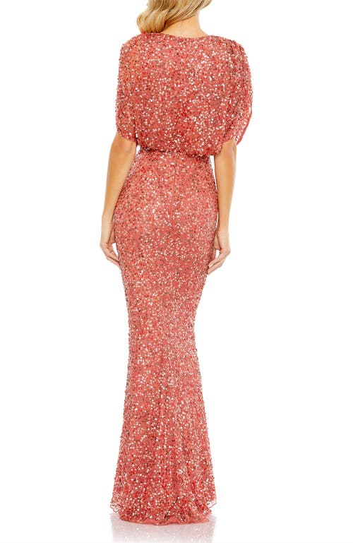 Mac Duggal Draped Sleeve V Neck Gown In Paprika