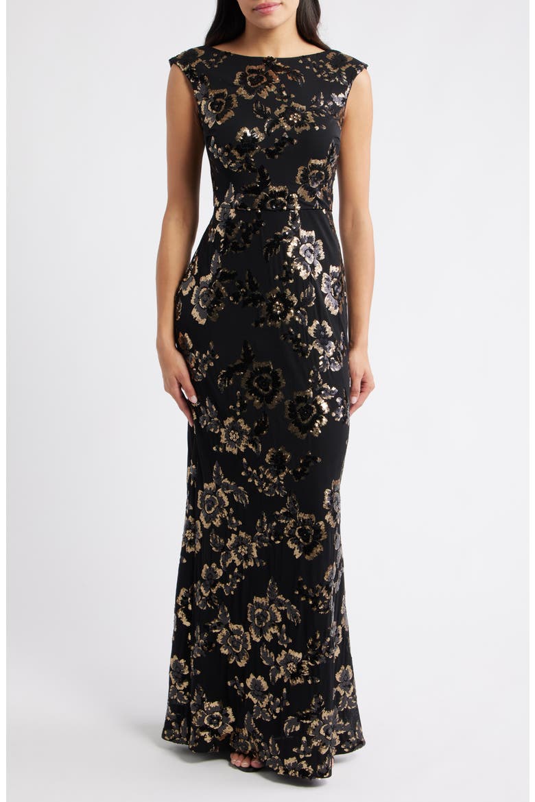 Sequin Cap Sleeve Mermaid Gown, Main, color, BLACK GOLD